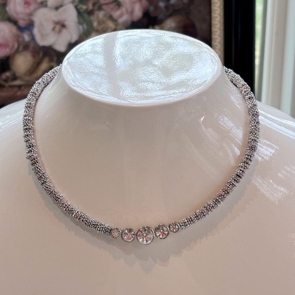 Choker Mesh Bead Silver Tone Crystal Pendant Necklace‎